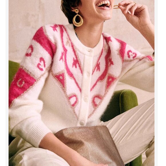 NWT Sezane Margaux Cardigan Fair Isle Knit White Pink Wool Blend Sweater - Picture 1 of 9